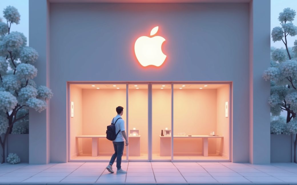 Customer approaching an Apple Store entrance with the Apple logo on the storefront