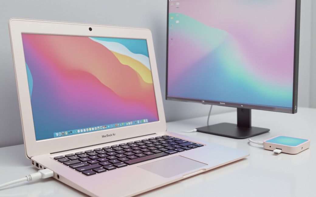 MacBook Air with two external monitors on a desk