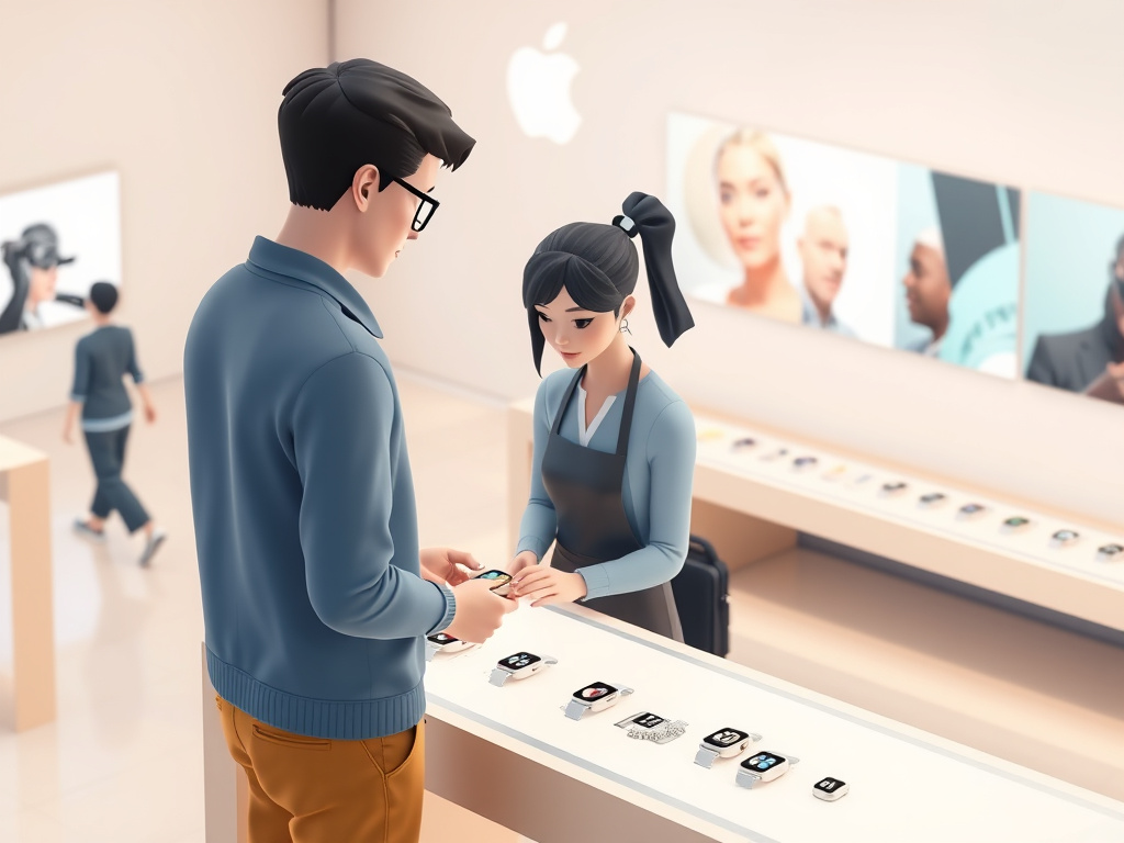 Customer and Apple employee looking at Apple Watches in a retail store display