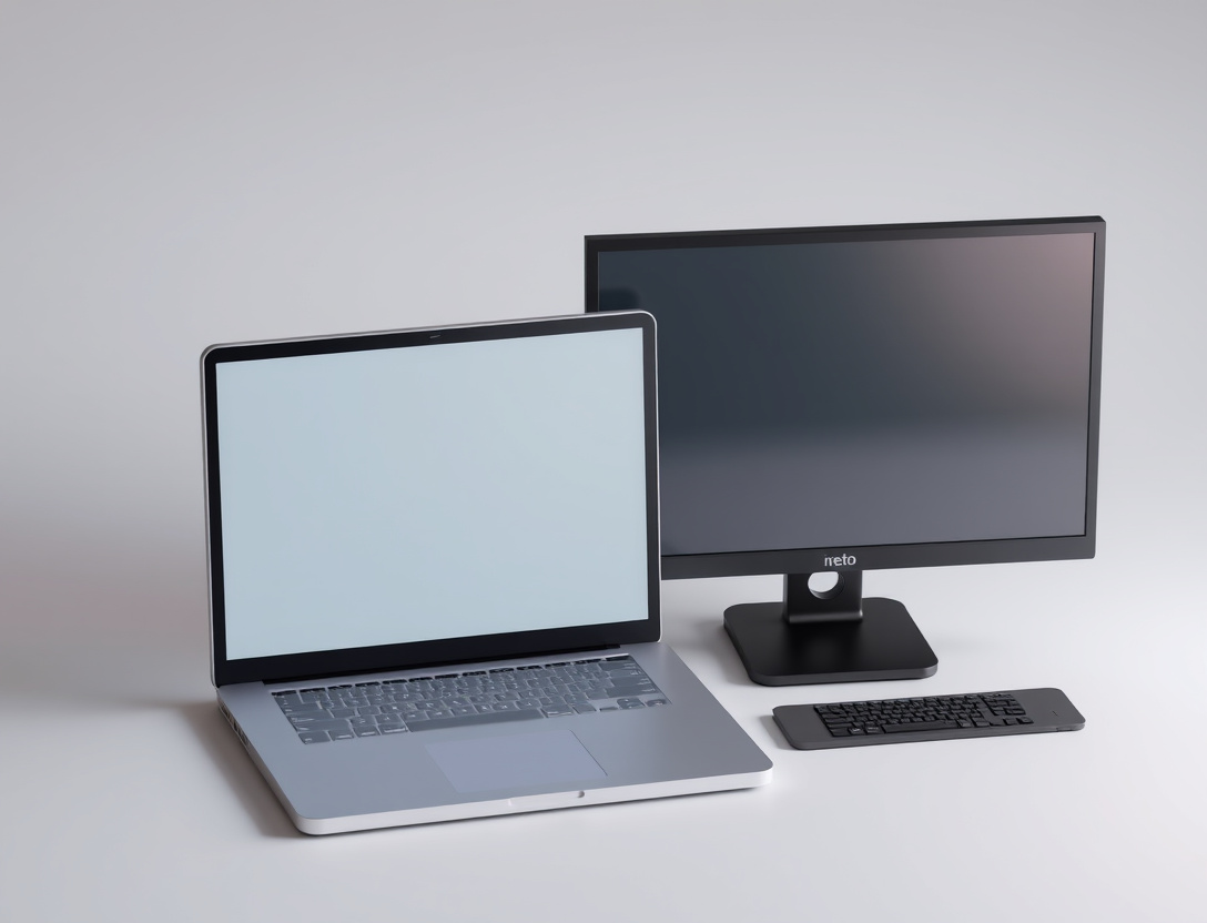 Dim low-resolution laptop screen next to bright display